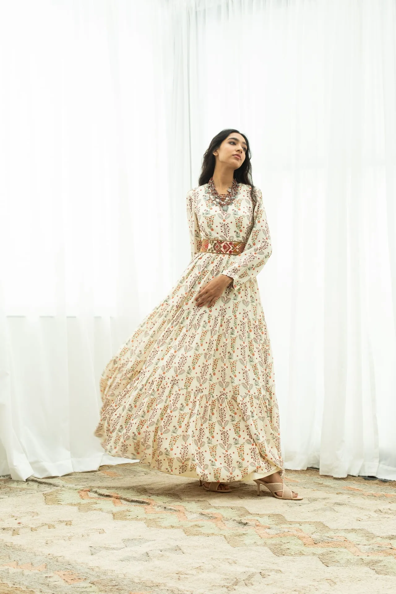 Off White Printed Maxi & Hand Embroidered Belt - Ready To Ship
