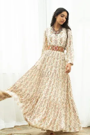 Off White Printed Maxi & Hand Embroidered Belt - Ready To Ship