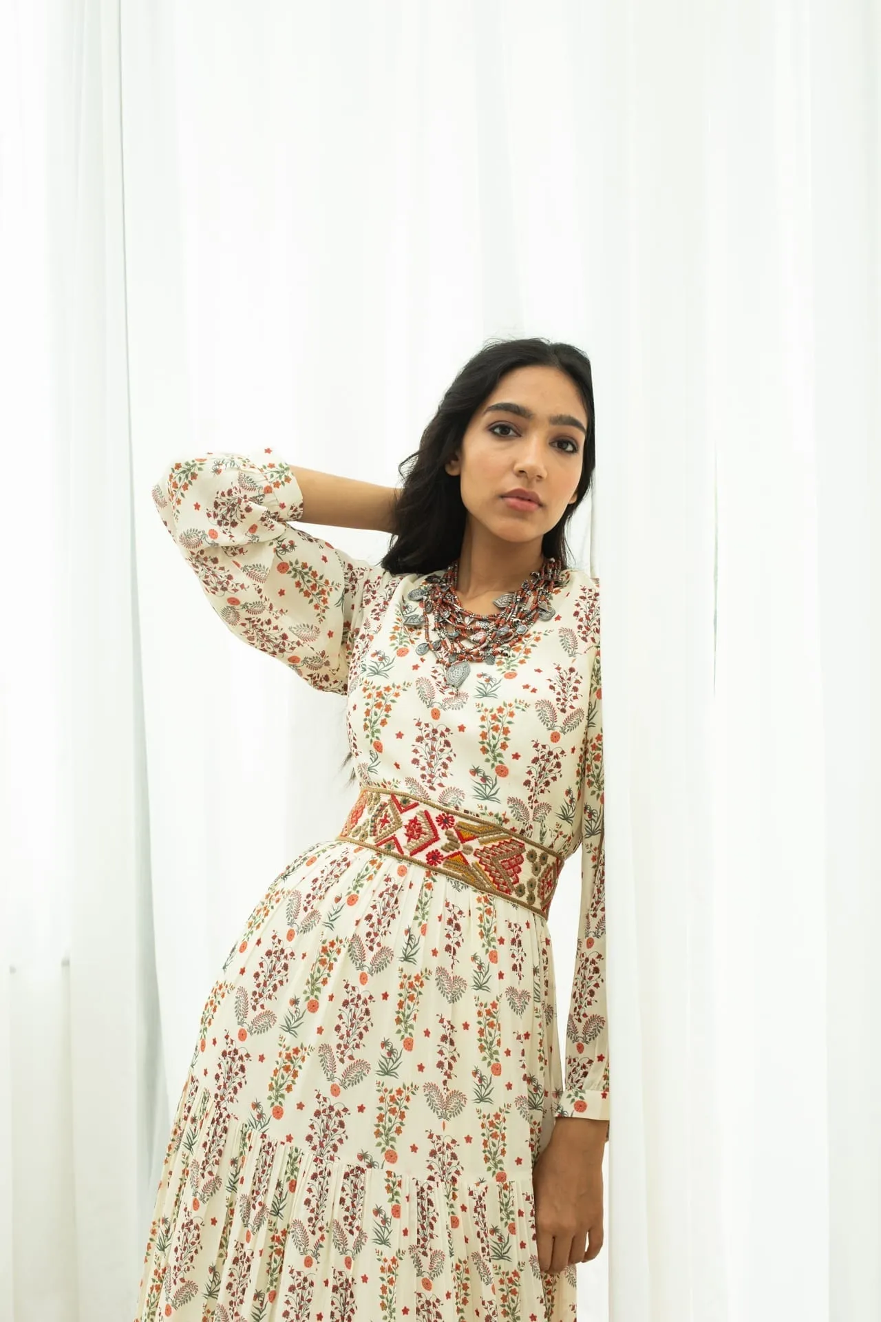 Off White Printed Maxi & Hand Embroidered Belt - Ready To Ship