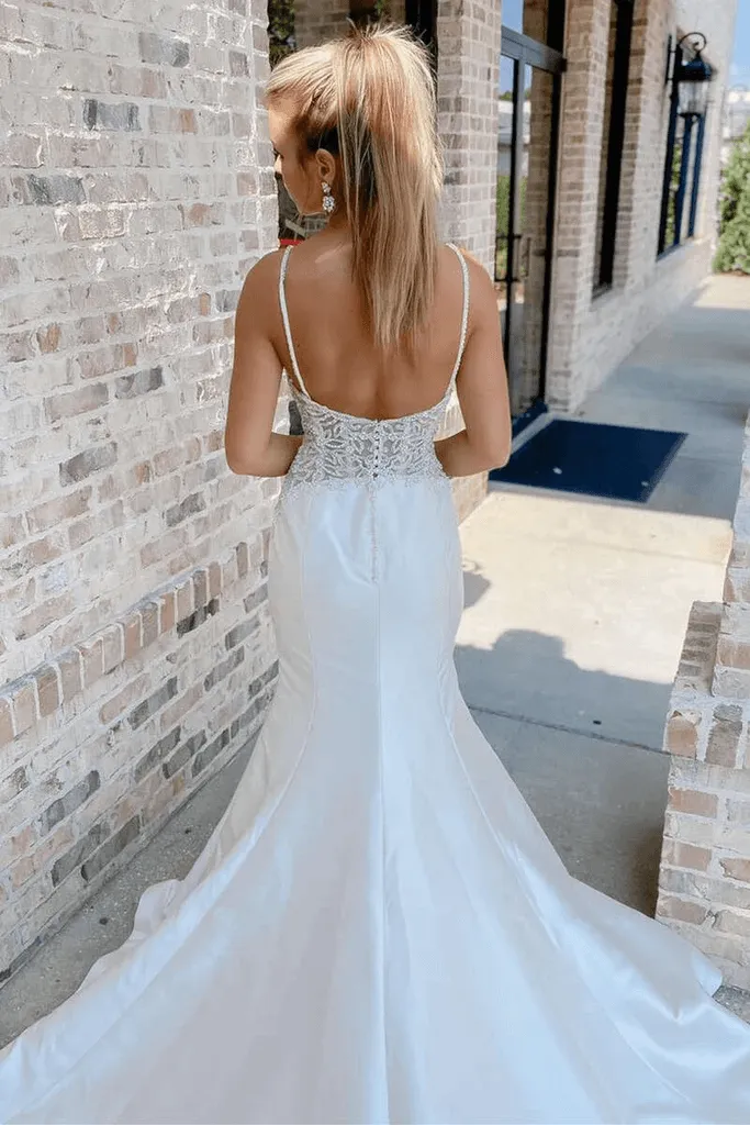 Off White V-Neck Beading Mermaid Satin Straps Long Wedding Dress TN314