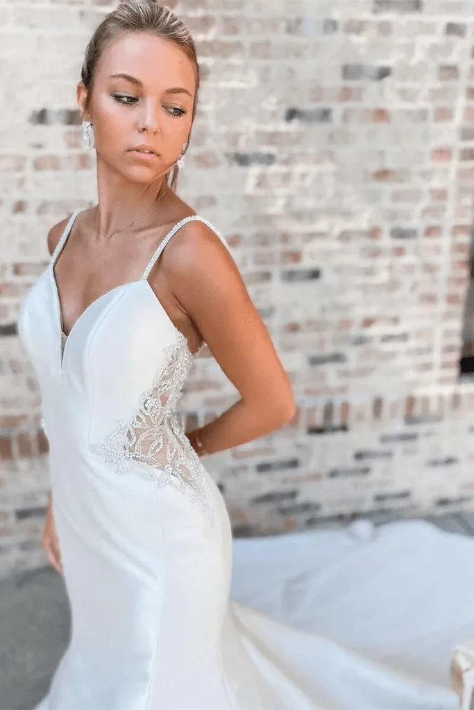 Off White V-Neck Beading Mermaid Satin Straps Long Wedding Dress TN314
