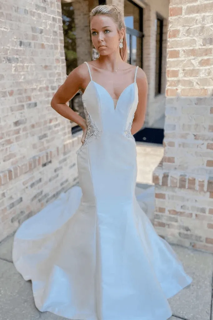 Off White V-Neck Beading Mermaid Satin Straps Long Wedding Dress TN314