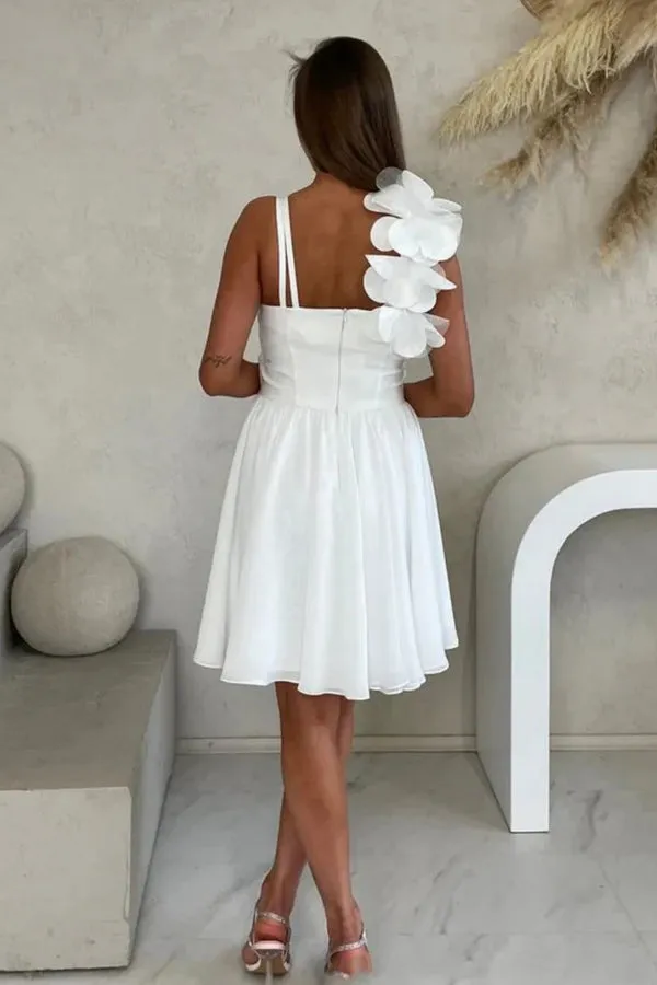One Shoulder Floral Chiffon Short White Homecoming Dress TN412