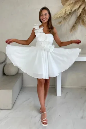 One Shoulder Floral Chiffon Short White Homecoming Dress TN412