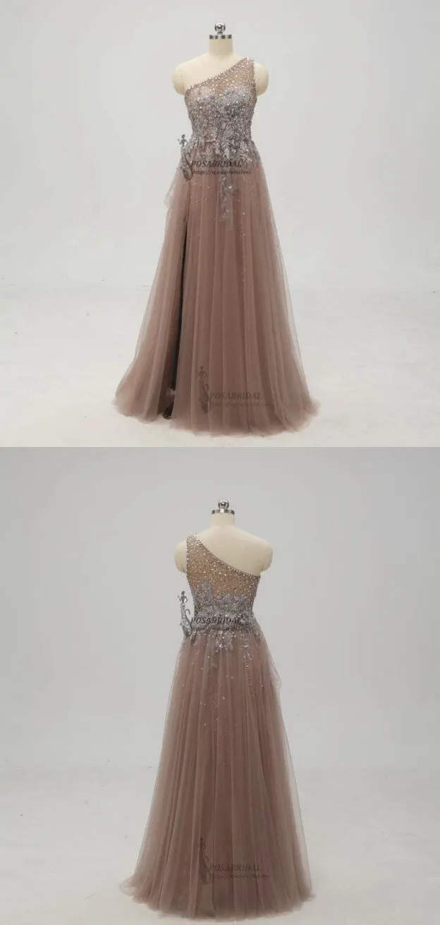One Shoulder Sparkly Side Split Elegant Modest Free Custom Prom Dresses, Fashion Prom dress, PD0686