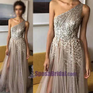 One Shoulder Sparkly Side Split Elegant Modest Free Custom Prom Dresses, Fashion Prom dress, PD0686