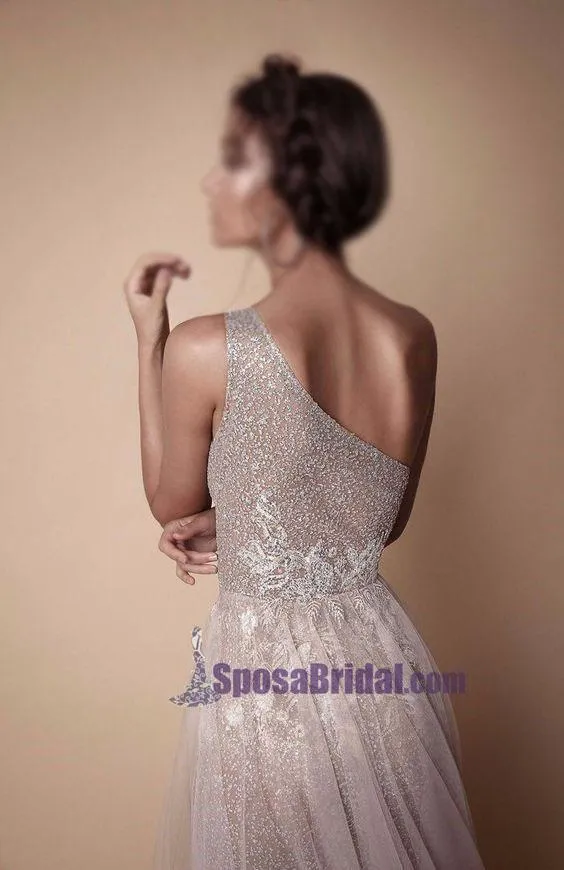 One Shoulder Sparkly Side Split Elegant Modest Free Custom Prom Dresses, Fashion Prom dress, PD0686