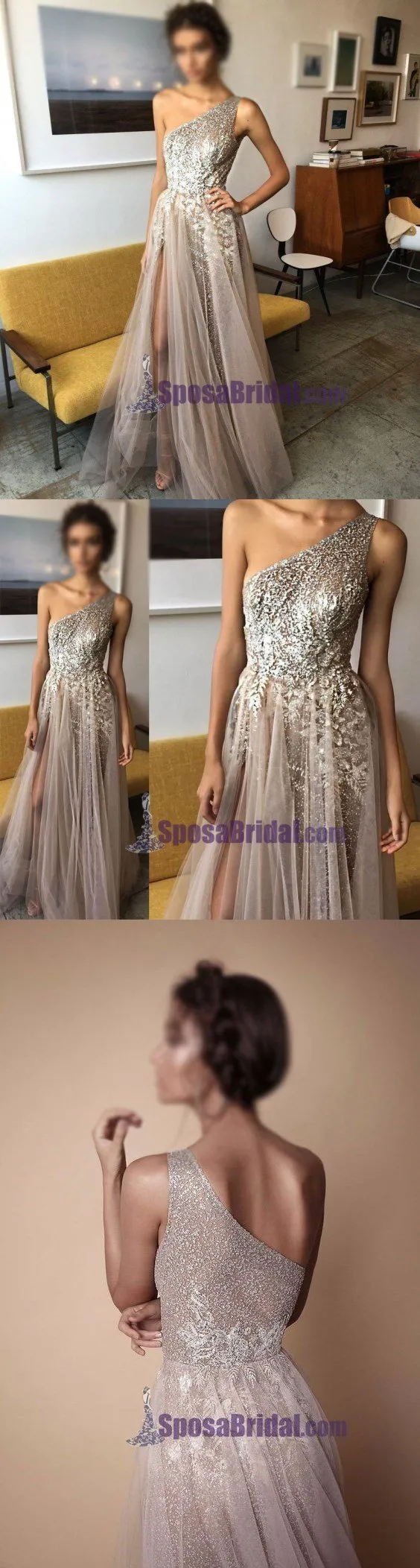 One Shoulder Sparkly Side Split Elegant Modest Free Custom Prom Dresses, Fashion Prom dress, PD0686