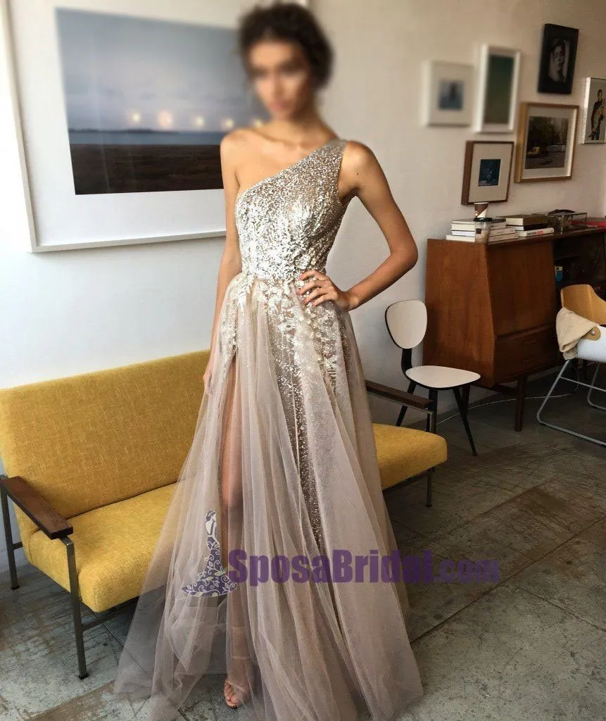 One Shoulder Sparkly Side Split Elegant Modest Free Custom Prom Dresses, Fashion Prom dress, PD0686