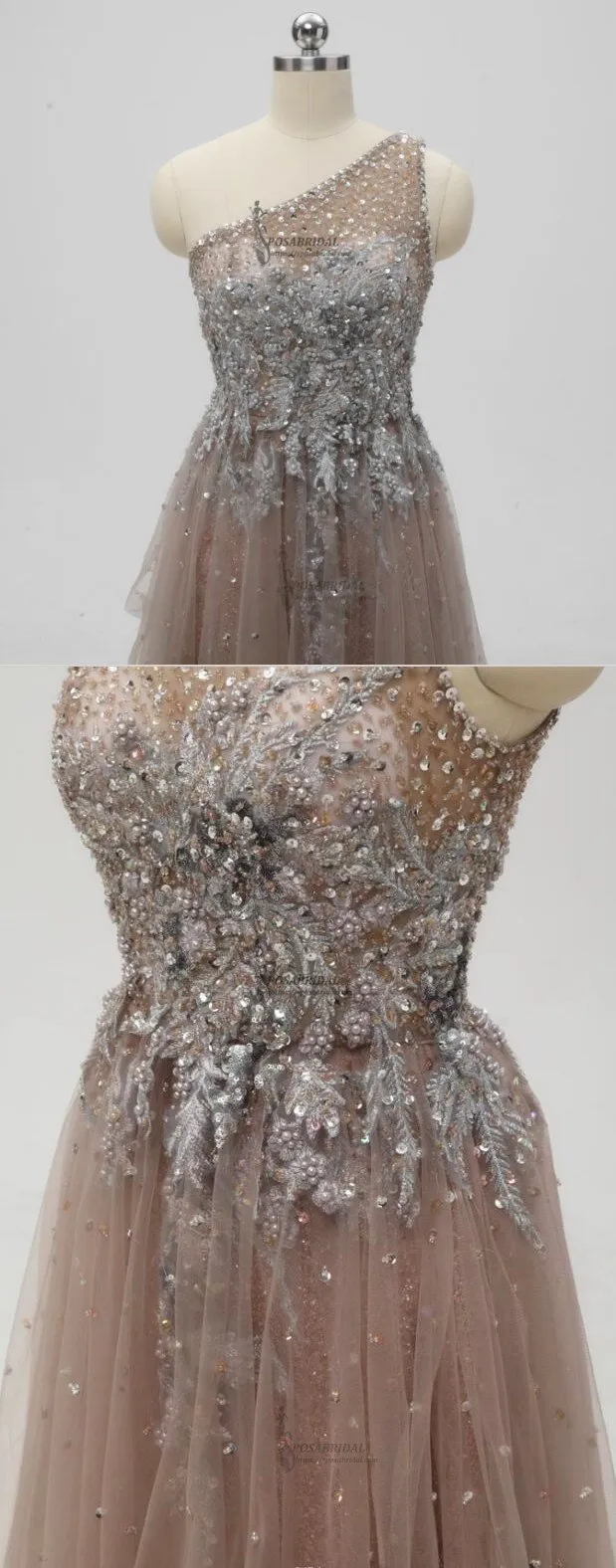 One Shoulder Sparkly Side Split Elegant Modest Free Custom Prom Dresses, Fashion Prom dress, PD0686