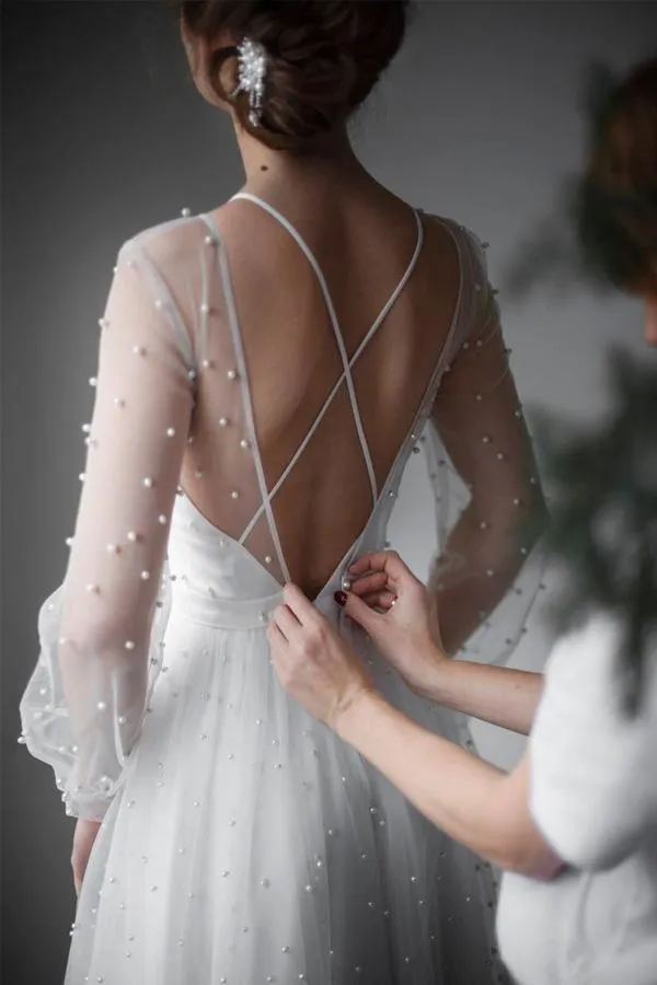 Open back Sexy Wedding Dress Ivory Tulle Wedding Dress Bohemian Dress TN214