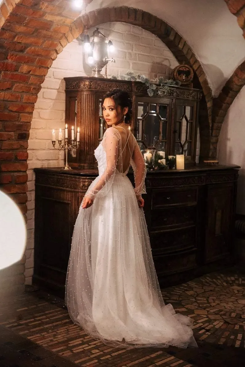 Open back Sexy Wedding Dress Ivory Tulle Wedding Dress Bohemian Dress TN214