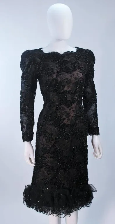 OSCAR DE LA RENTA  Black Lace Cocktail Dress Ruffled Hem Size 6-8