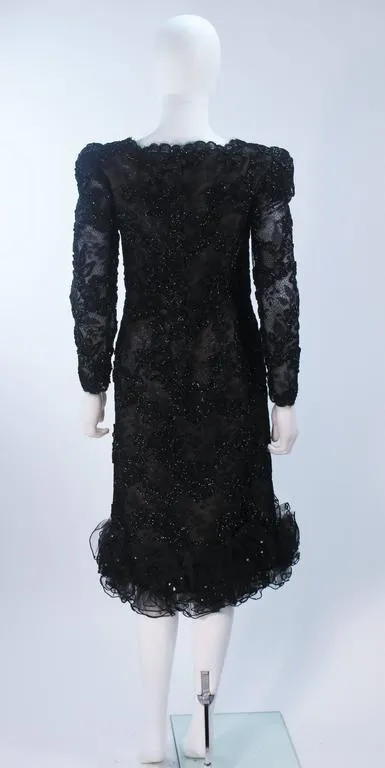 OSCAR DE LA RENTA  Black Lace Cocktail Dress Ruffled Hem Size 6-8