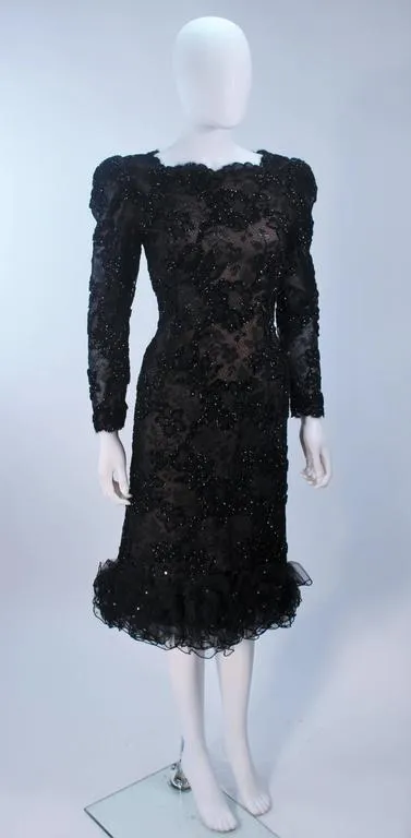 OSCAR DE LA RENTA  Black Lace Cocktail Dress Ruffled Hem Size 6-8