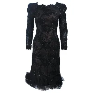 OSCAR DE LA RENTA  Black Lace Cocktail Dress Ruffled Hem Size 6-8