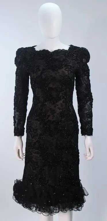 OSCAR DE LA RENTA  Black Lace Cocktail Dress Ruffled Hem Size 6-8