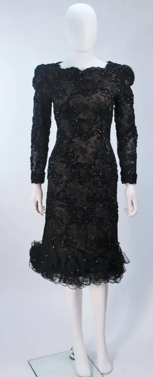 OSCAR DE LA RENTA  Black Lace Cocktail Dress Ruffled Hem Size 6-8