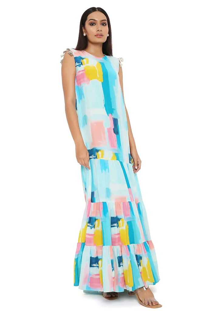 PAINTERLY PRINT CREPE FRILL DRESS