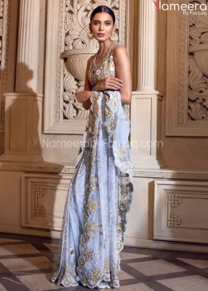 Pakistani Modern Bridal Saree in Sky Blue Color #BB282