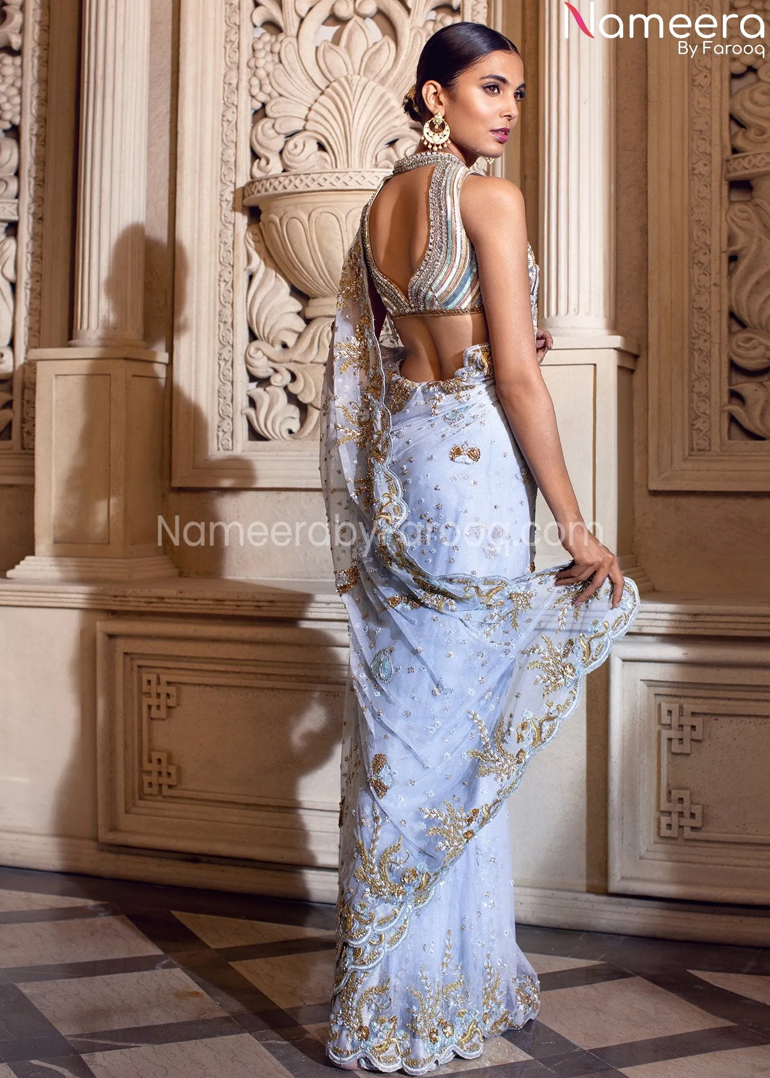 Pakistani Modern Bridal Saree in Sky Blue Color #BB282