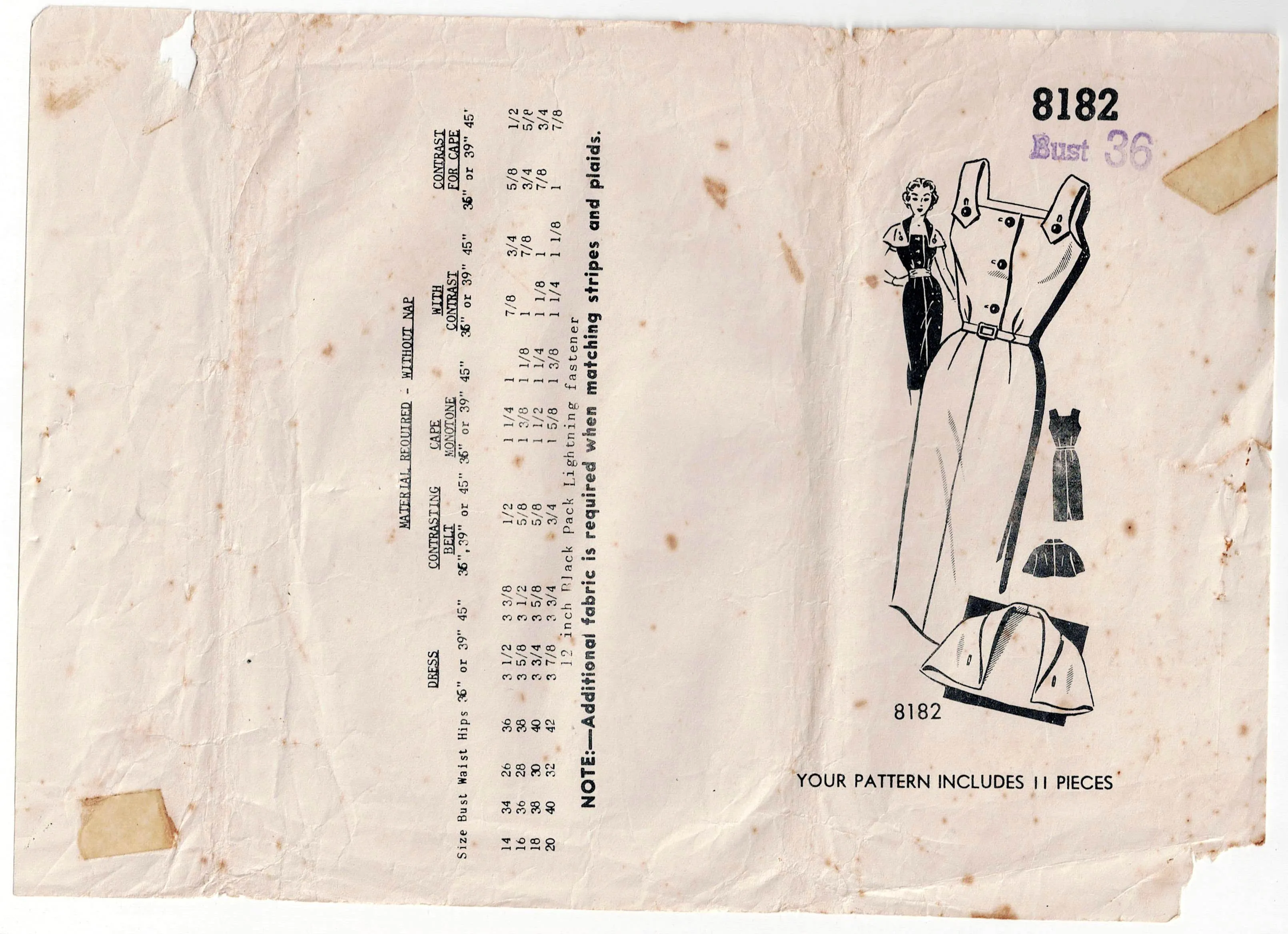 Patt-O-Rama 8182 Womens Classic Wiggle Dress & Capelet Jacket 1950s Vintage Sewing Pattern Bust 36 inches