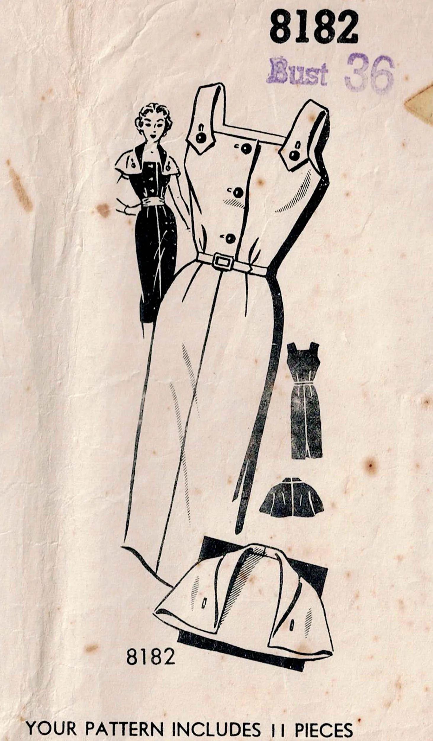 Patt-O-Rama 8182 Womens Classic Wiggle Dress & Capelet Jacket 1950s Vintage Sewing Pattern Bust 36 inches