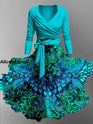 Peacock Feather Print Vintage V-Neck Long Sleeve Two-Piece Midi Dress