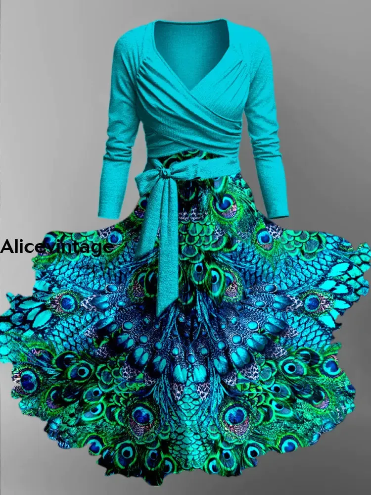 Peacock Feather Print Vintage V-Neck Long Sleeve Two-Piece Midi Dress