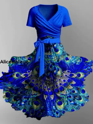 Peacock Feather Print Vintage V-Neck Short Sleeve Two-Piece Midi Dress