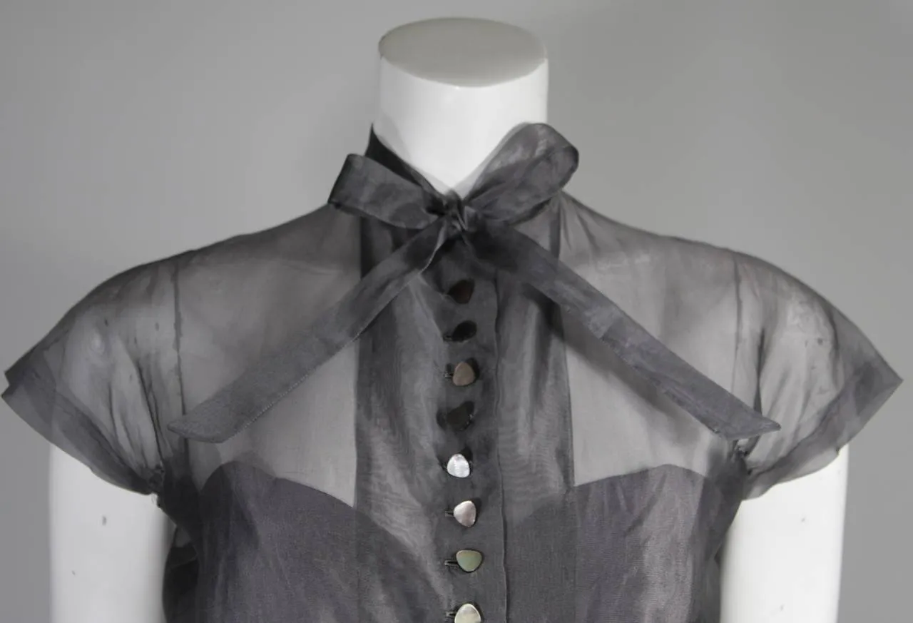 PEDRO RODRIGURZ 1950s Gray Silk Organza Cocktail Dress Size Small