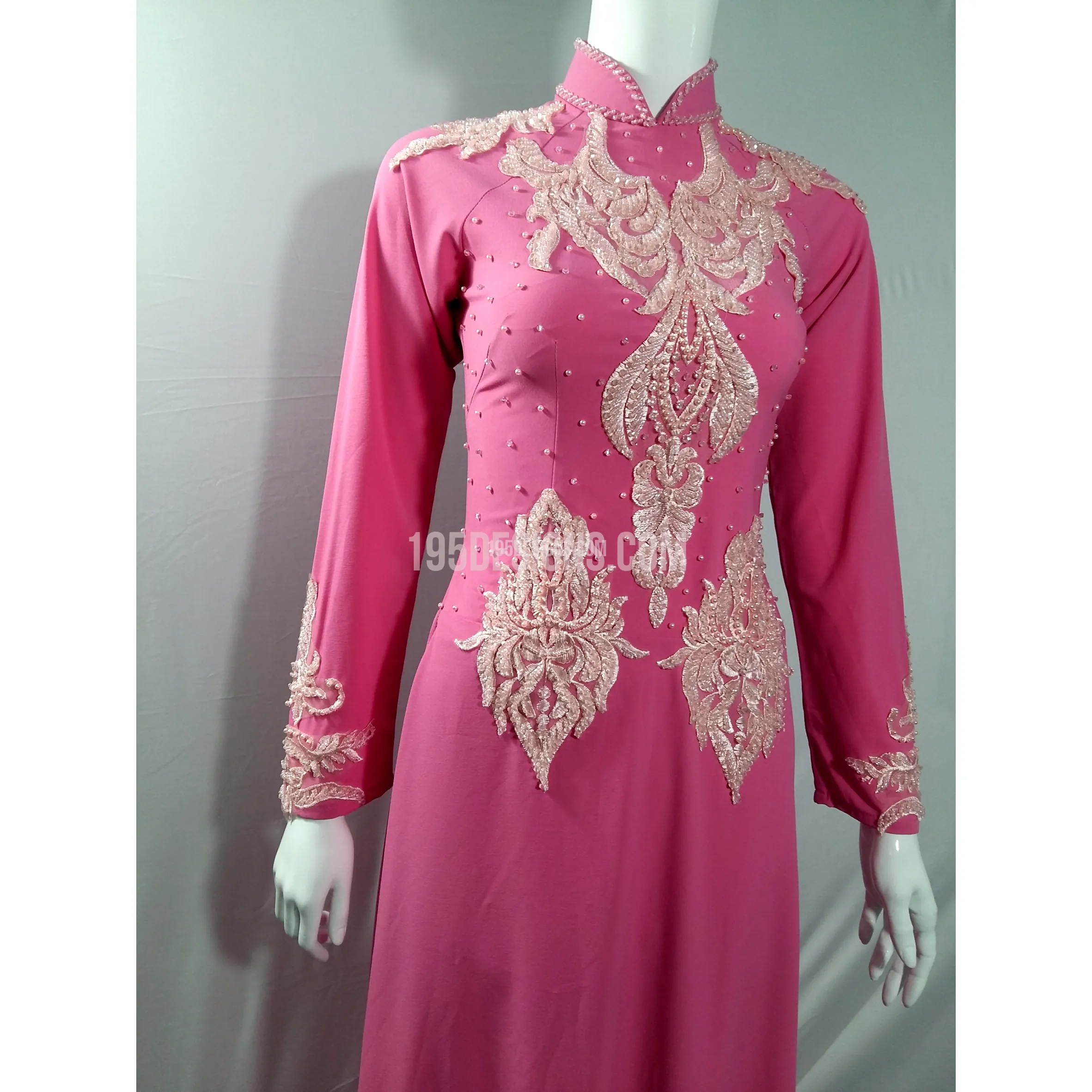 Pink Ao Dai Lace Flower Crystal Dress Inspiration - Ket Hoa Hat Da Ta Ao Dam