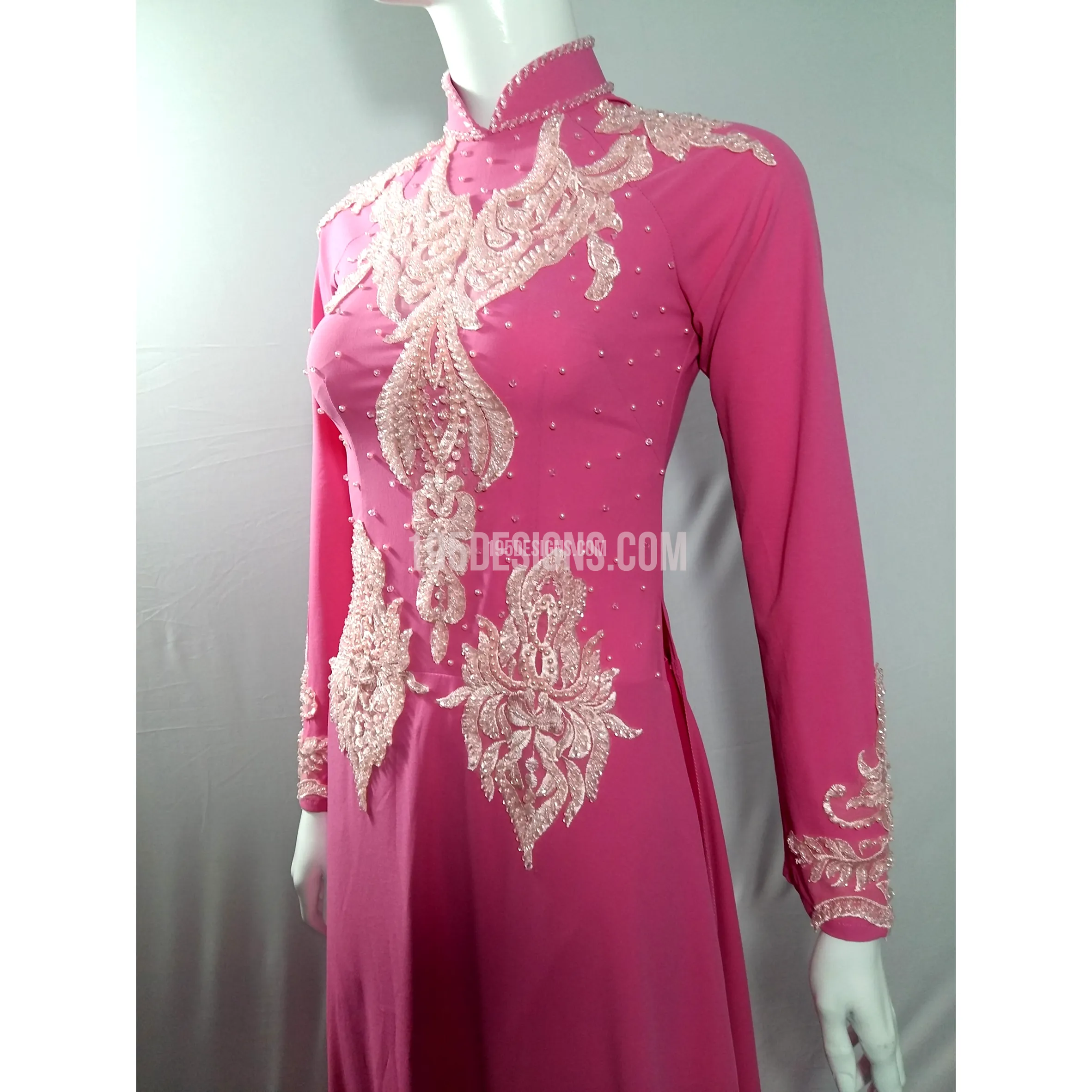 Pink Ao Dai Lace Flower Crystal Dress Inspiration - Ket Hoa Hat Da Ta Ao Dam