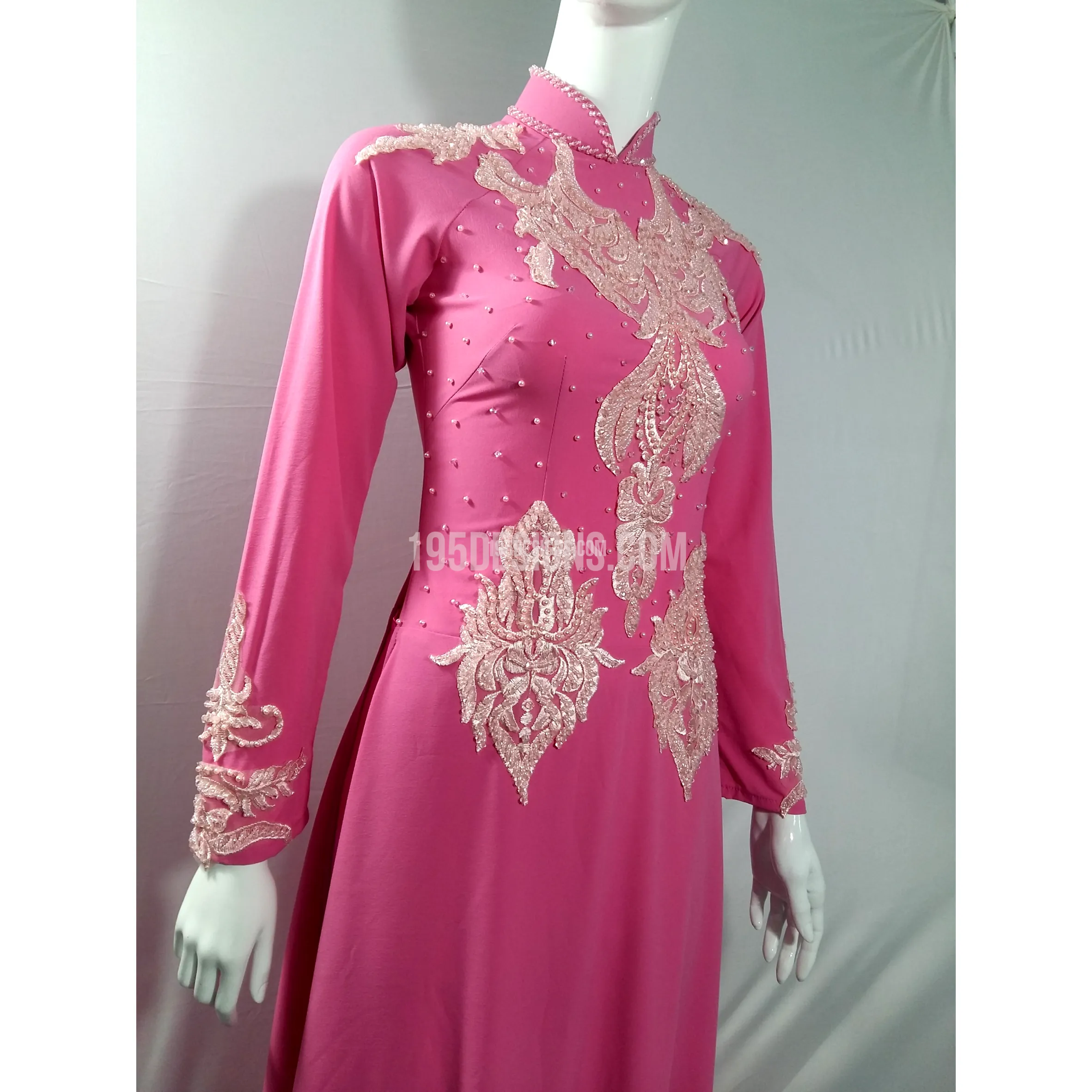Pink Ao Dai Lace Flower Crystal Dress Inspiration - Ket Hoa Hat Da Ta Ao Dam