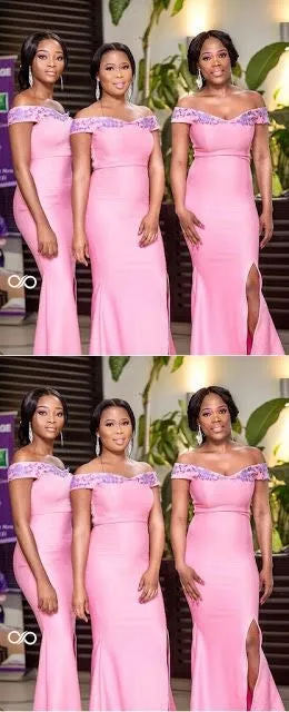 Pink Mermaid Off Shoulder Side Slit Cheap Long Bridesmaid Dresses,WG1590