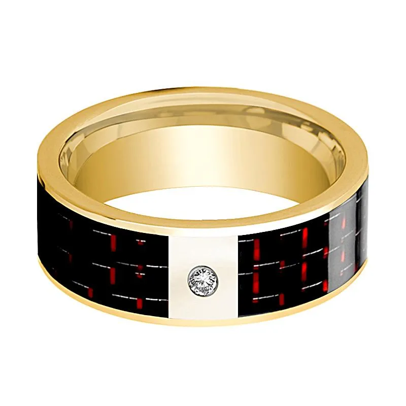 Polished 14k Yellow Gold & Diamond Flat Wedding Band for Men with Black and Red Carbon Fiber Inlay - 8MM