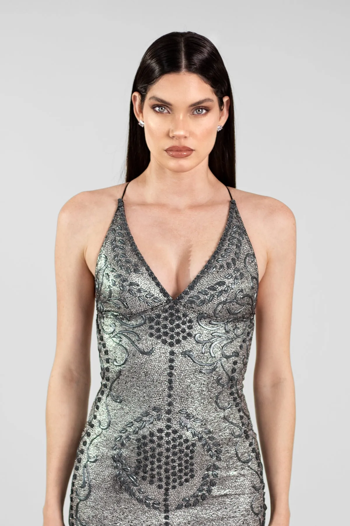 Praga Hand Painted Short Dress Metallic Grey