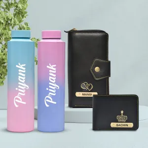 Premium Lady Wallet & Men's Wallet & Personalised Couple Rainbow Classic WaterBottle - Black