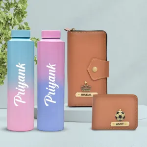 Premium Lady Wallet & Men's Wallet & Personalised Couple Rainbow Classic WaterBottle - Tan