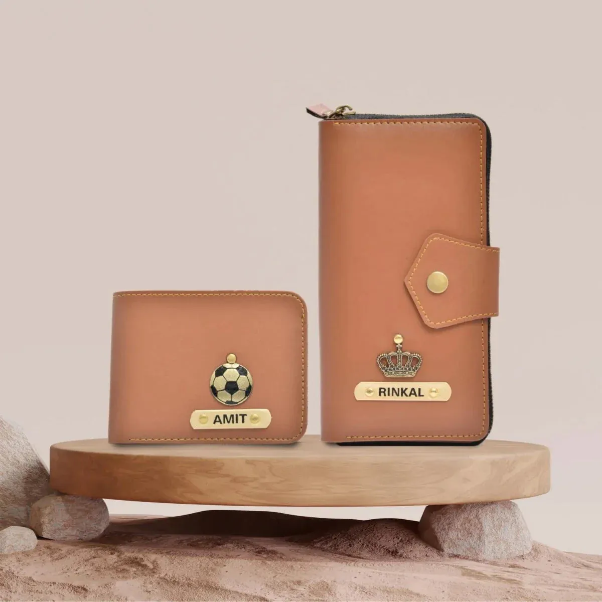 Premium Lady Wallet & Men's Wallet & Personalised Couple Rainbow Classic WaterBottle - Tan
