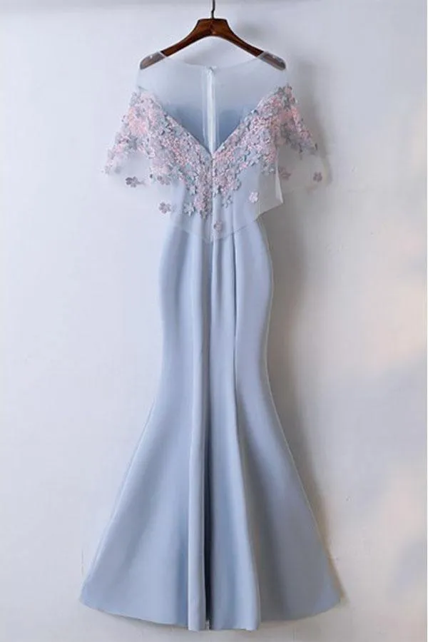 Pretty Sky Blue Mermaid Long Prom Dress With Lace Flowers TD007