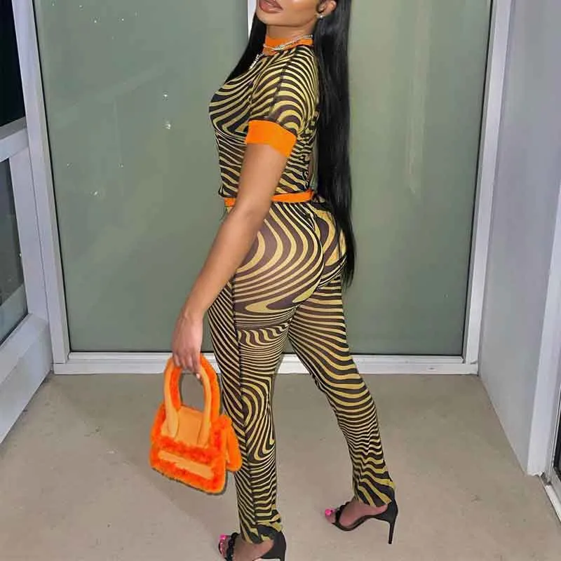 Print Short Sleeve Sheer Mesh 2PCS Pants Set