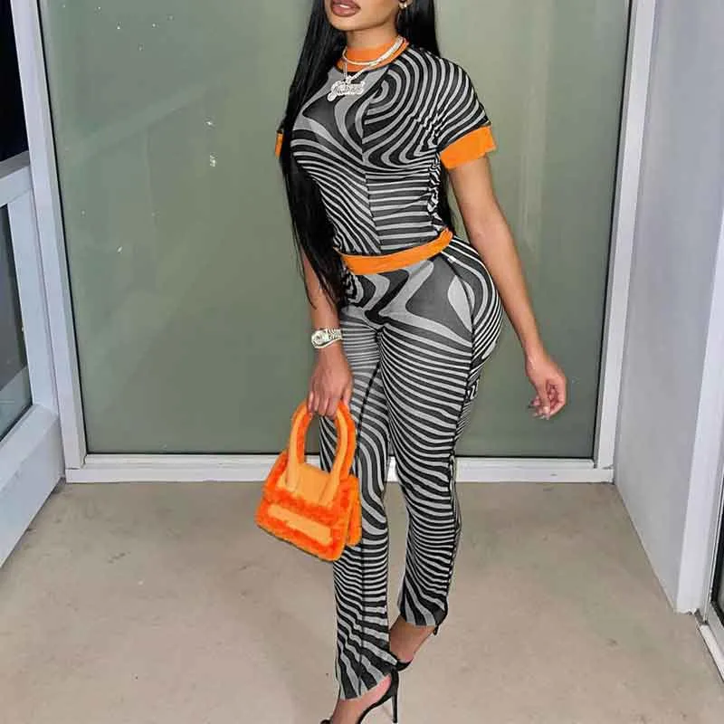 Print Short Sleeve Sheer Mesh 2PCS Pants Set