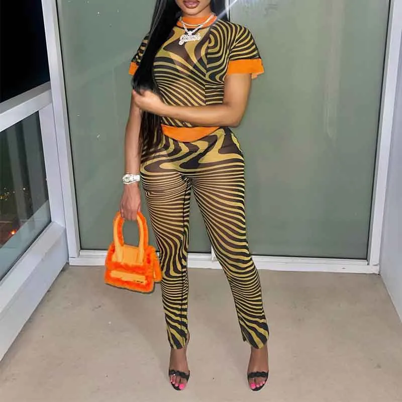 Print Short Sleeve Sheer Mesh 2PCS Pants Set
