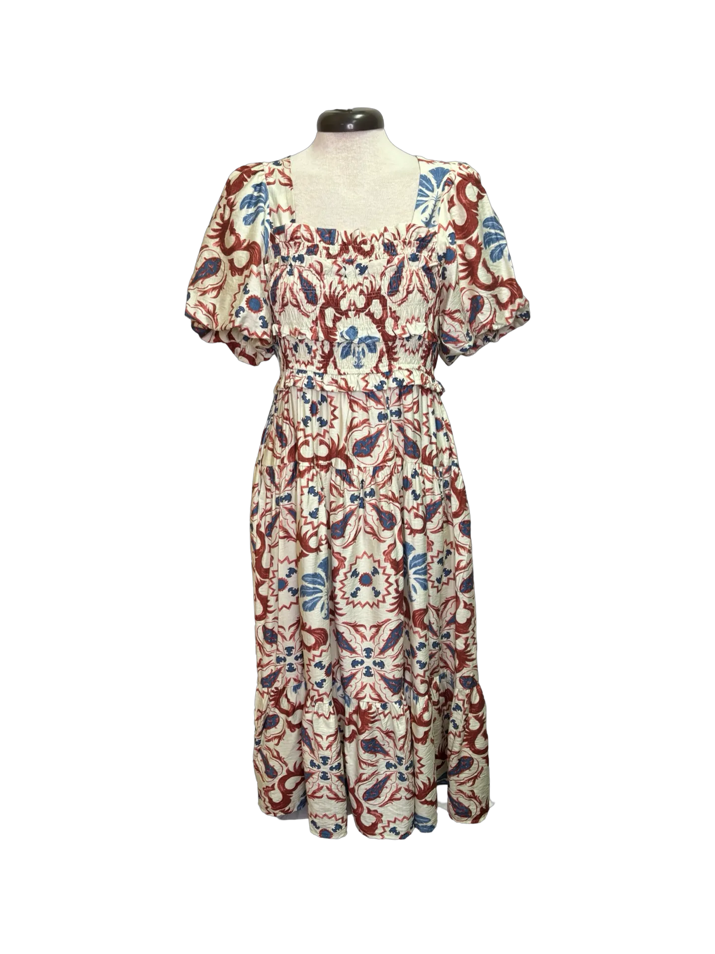 Printed Puff Sleeve Dress Brick/Blue