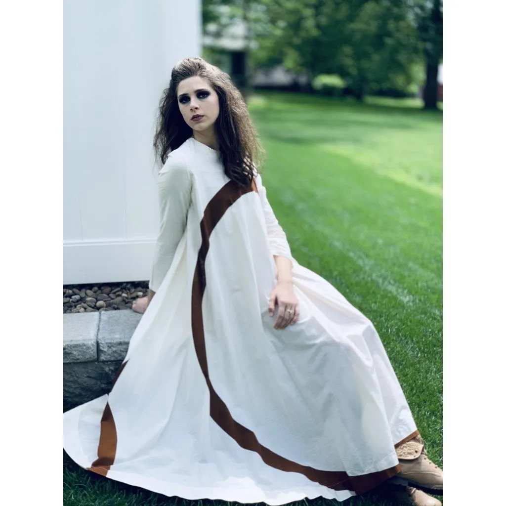 Puolikas Vuokko Nurmesniemi Gown Trapeze Tent Dress Sz 36 S Ivory & Brown Vintage 1970s