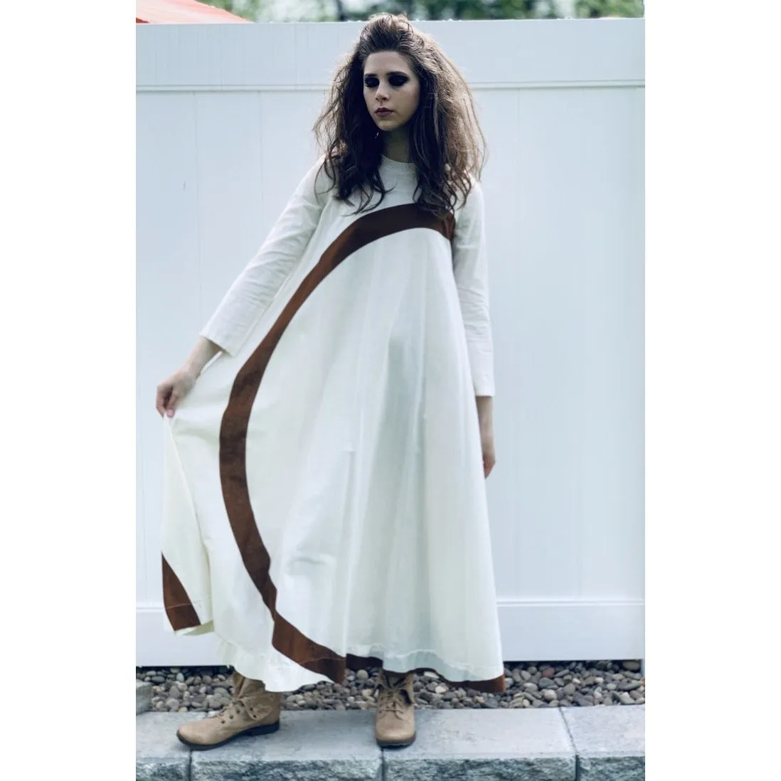 Puolikas Vuokko Nurmesniemi Gown Trapeze Tent Dress Sz 36 S Ivory & Brown Vintage 1970s