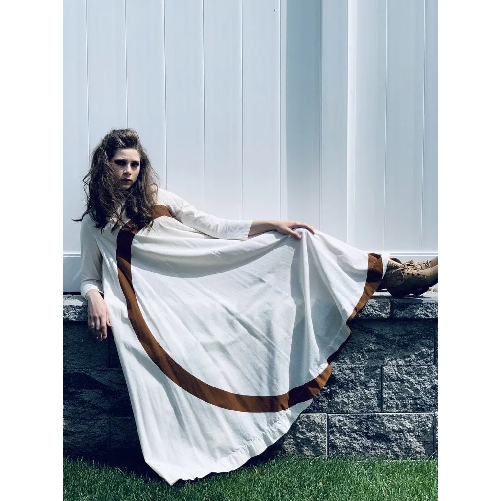 Puolikas Vuokko Nurmesniemi Gown Trapeze Tent Dress Sz 36 S Ivory & Brown Vintage 1970s