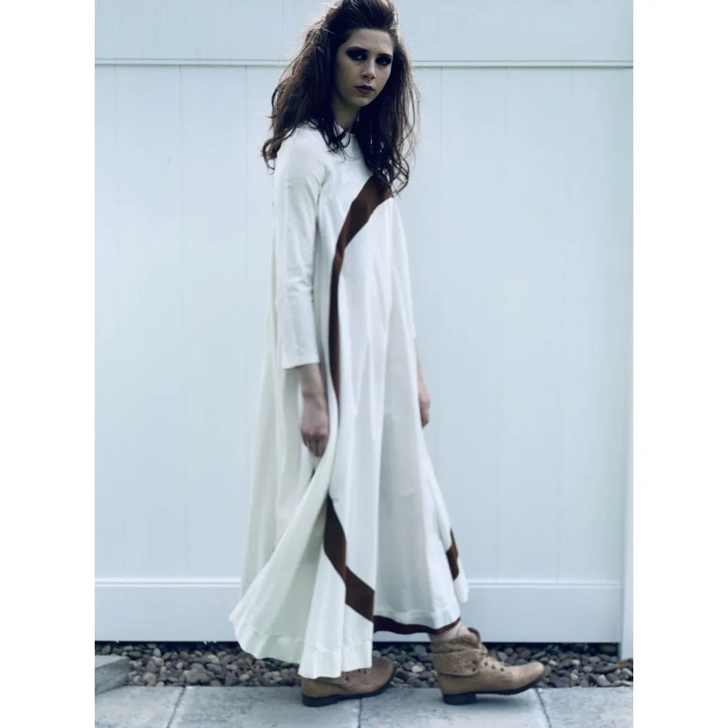 Puolikas Vuokko Nurmesniemi Gown Trapeze Tent Dress Sz 36 S Ivory & Brown Vintage 1970s