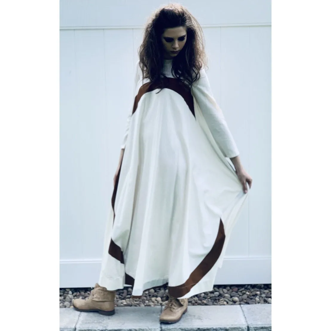 Puolikas Vuokko Nurmesniemi Gown Trapeze Tent Dress Sz 36 S Ivory & Brown Vintage 1970s